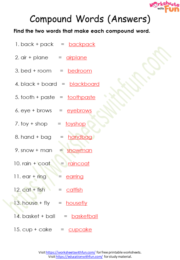 English Class 1 Compound Words Worksheet 2 Answers 